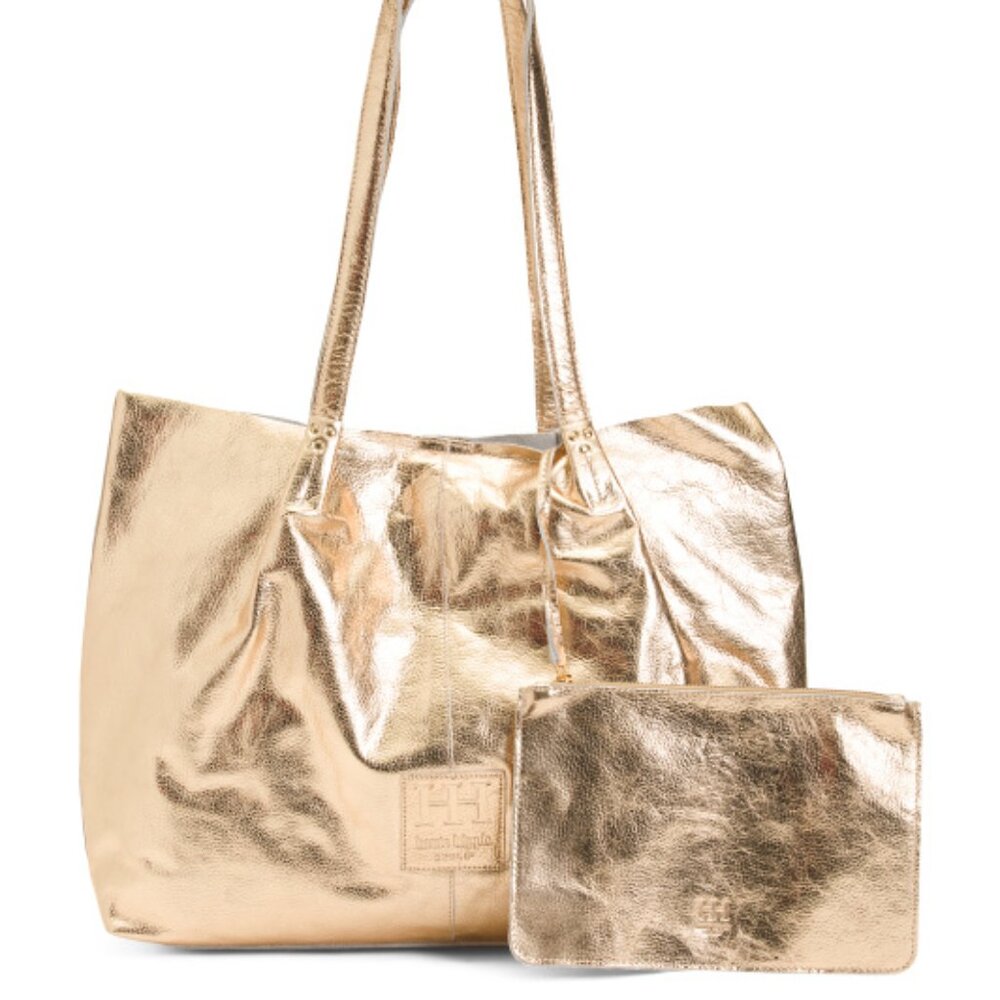 NWT HAUTE HIPPIE Cinched Leather Gold Metallic Statement Tote Bag & Zip Pouch
